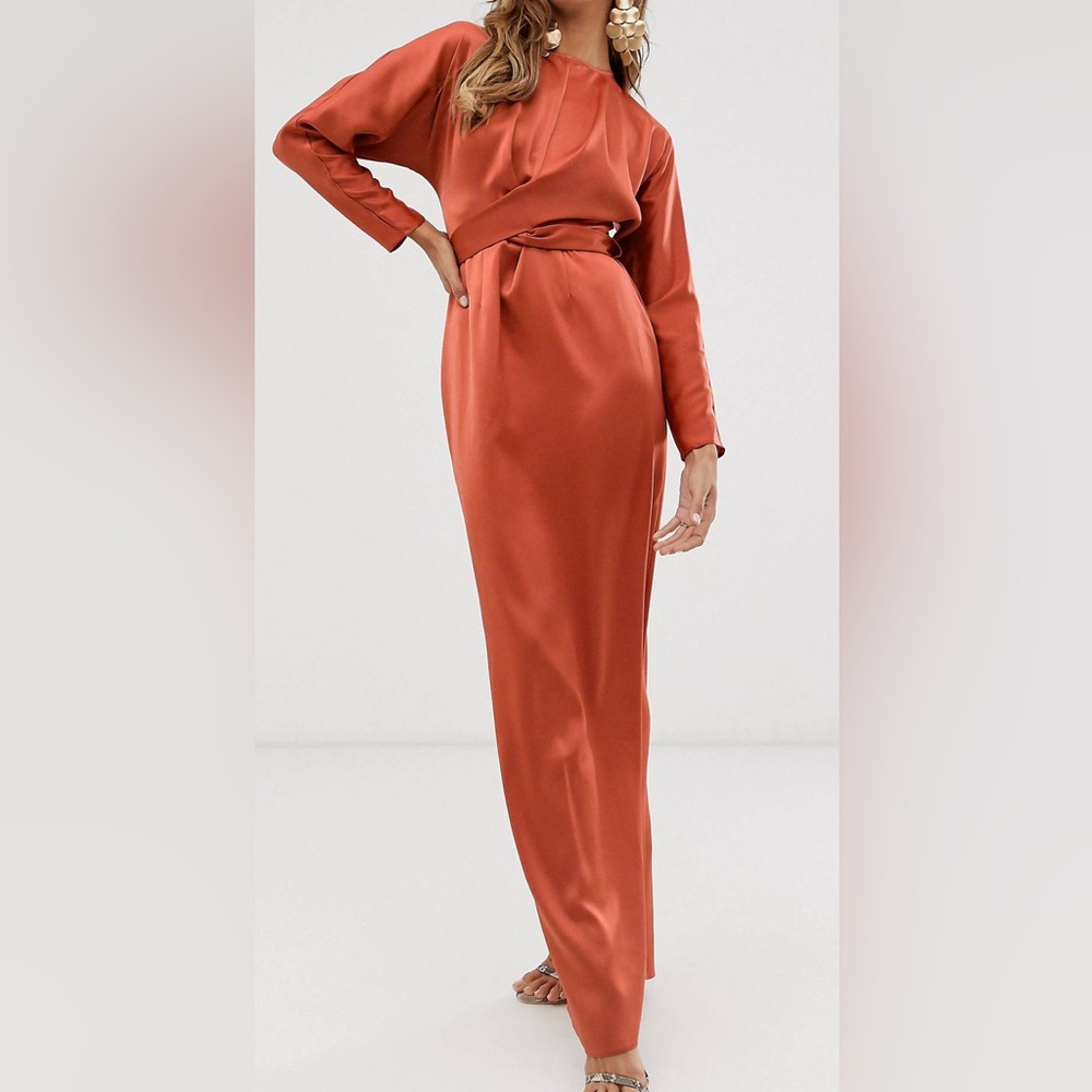 ASOS Terracotta Satin Long Sleeve Dress